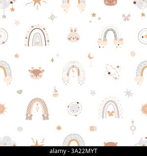 Nahtloses Boho-Regenbogenmuster. Kinderzimmer-Print mit Tiergesichtern, Planeten und Regenbogen. Dekorativer Stoff, Tapetenschablone, heute Vektor Stock Vektor