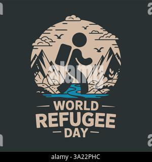 World Refugee Day, stilisierte menschliche Figur Wandern, Berge, Fluss, Vögel fliegen, kreisförmiger Rahmen, beigefarbener und dunkler Hintergrund Stock Vektor
