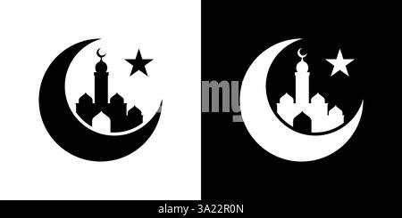 Kontrastierendes islamisches Halbmond- und Moschee-Ikonendesign in Silhouette Stock Vektor