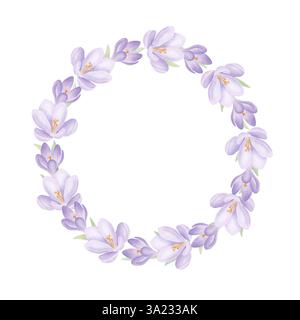 Lila Krokusse, runder Rahmen, isoliert auf weiß. Frühlingsblumen und grüner Blätterkranz im Aquarellstil. Handgezeichnetes Designelement für Postkarte Stockfoto