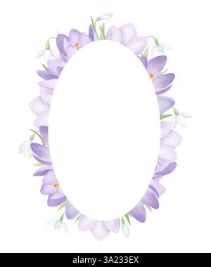 Schneeglöckchen und Krokusse ovaler Rahmen isoliert auf weiß. Violette und weiße Frühlingsblüten mit grüner Blattzusammensetzung. Aquarell-Clipart für Postkarten Stockfoto