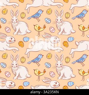 Ein nahtloses Muster mit verspielten Osterhasen, fröhlichen Vögeln und wunderschön dekorierten Eiern, alles in einem bezaubernden Skizzenstil. Perfe Stock Vektor