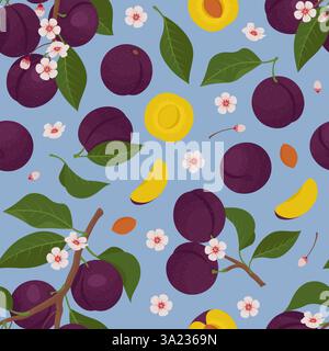 Blühende Pflaumenzweige im nahtlosen Muster. Vektorabbildung im Retro Flat-Stil Stock Vektor