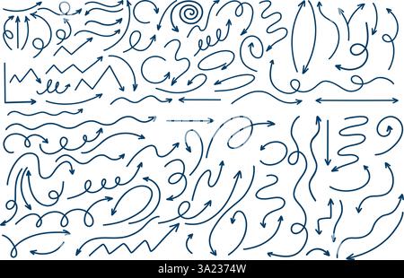 Einfache lineare Richtungspfeile Doodles. Linien Zeichen Richtungen Rechts Links Nach Unten Gebogene Rückwärts Sammlung. Isolierter Vektor, Handgezeichnet. konzeptpunkt Stock Vektor