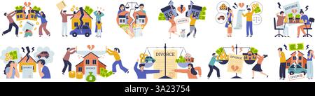 Dividierende Eigenschaft. Konzeptszenen rechtliche Beilegung von Familienkonflikten, Güterteilung, Scheidungsverfahren neuere vektorstilisierte Flachbilder Stock Vektor
