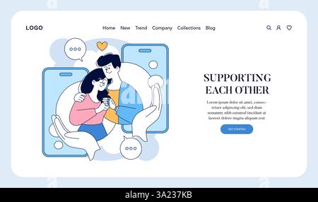 Long Distance Love Concept. Stellt die emotionale Verbindung zwischen Paaren dar, die durch Distanz getrennt sind. Feiert Unterstützung und Verständnis in Beziehungen durch Technologie. Betont, wie wichtig Kommunikation und gemeinsame Momente sind. Vektorabbildung. Stock Vektor