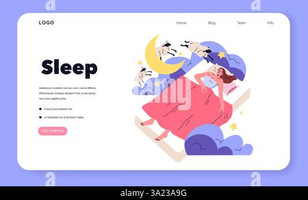 Sleep Concept Illustration mit einer Frau, die friedlich unter dem Nachthimmel ruht. Umgeben von Wolken, Sternen und verspielten Schafen, fängt es eine ruhige und beruhigende Atmosphäre ein. Vektorabbildung. Stock Vektor