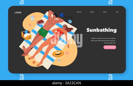 Strandurlaubskonzept. Eine entspannende Szene mit zwei Personen, die auf einer Strandmatte sonnen, umgeben von Urlaubsprodukten wie einem Hut, Getränken und Büchern. Betont Freizeit und Vergnügen, ideal für Sommerthemen. Vektorabbildung. Stock Vektor