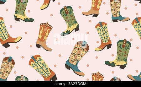Cowboy- und Cowgirl-Stiefel nahtloses Muster. Wildwest-Oberflächenmuster für Schreibwaren, Stoffe und Drucke. Stock Vektor