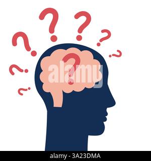 Menschliches Silhouettenprofil mit Fragezeichen auf dem Kopf. Psychische Gesundheit, Menschen, die nach einer Lösung suchen. Stock Vektor