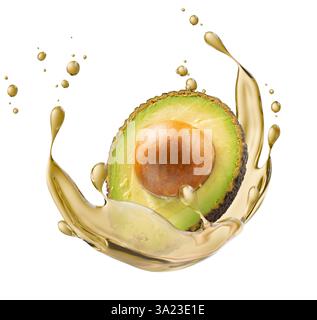 Avocado mit Avocadoöl Spritzer isoliert auf weißem Hintergrund. Stockfoto