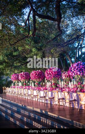 Luxuriöser Hochzeitsempfang im Freien mit farbenfrohen rosafarbenen Blumendekor Stockfoto