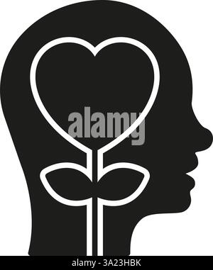Menschlicher Kopf mit Herz und pflanzenfestem Symbol. Geistiges Wohlbefinden und positives Denken Silhouette Symbol. Abbildung Des Isolierten Vektors Stock Vektor