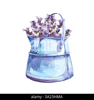 Aquarell handgemalte Vintage Lavendelblumen in einer Gießkanne Illustration. Wunderschönes Banner mit Frühlingskonzept. Design mit naturnahem Design. Vin Stockfoto