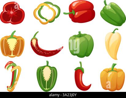 Cartoon Paprika und Paprika. Geschnittene Paprika, halb Paprika. Frisches Gemüse, Rohzutaten für Vitaminsalat, Kochgericht, heute gesund Stock Vektor