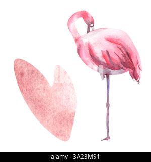 Flamingo und Herz in Aquarellfarben. Handgezeichnete Illustration eines rosafarbenen tropischen Vogels. Wunderschöne exotische Tiervögel und Herz in Aquarellfarben. Vorlage Stockfoto