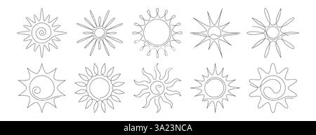 Doodle Art Vektorsatz der kontinuierlichen Linie Sonne. Sommer-Symbol im einfachen, linearen Stil. Einzelne dünne Sonnenscheinsymbole, Sonnenaufgang-Wetterelemente mit Balken. Schwarze Silhouette des Sonnenlichts oder das Logo des Sonnenlichts Stock Vektor