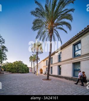 Sevilla, Spanien, 26. Juli 2022, Besucher schlendern auf dem palmengesäumten Weg im Centro Andaluz de Arte Contemporaneo und genießen das historische Kloster Stockfoto