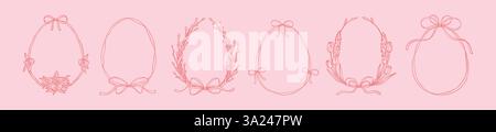 Set aus rosa, niedlichen osterrahmen mit Vintage-Doodle. Skurrile, minimalistische, trendige, handgezeichnete Schleifenbänder. Handschrift Frühling Coquette Hintergrund. Cel Stock Vektor