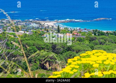 Blick vom Camps Bay Dr zum Camps Bay Beach und dem Südatlantik, Camps Bay, Kapstadt, Südafrika, Afrika Stockfoto