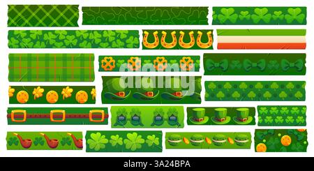 St Patrick irisches Washi-Band für Feiertag von grünen Klebestücken, nahtloses Vektor-Design. St. Patrick Washi-Band mit irischem und irischem Muster von Lepr Stock Vektor