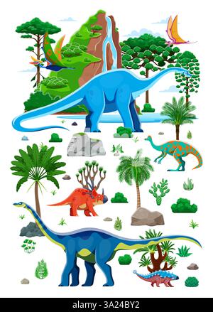 Comic prähistorische Dinosaurier Reptilienfigur. Haplocanthosaurus, dimorphodon und quetzalcoatlus, Jaxartosaurus, Styracosaurus und Jurass Stock Vektor