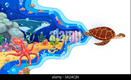 Papier geschnittene Unterwasserlandschaft mit Meeresschildkröten, Tintenfischen und Robbenfiguren zwischen Algen, lebendigen Fischen und Korallen. Comic Vektor Ozean, Marine li Stock Vektor