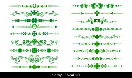 St. Patrick Day Shamrock Kleebeiler und Grenzen. Vektorgrüne irische Zierleisten mit grünen Schamrock-Blättern, Wirbeln und Glückshufeisen-Verzierungen. Stock Vektor