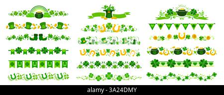 St. Patrick Day Kleeblatt Trennwände und Grenzen mit goldenen Münzen, Hüten und Stiefeln. Vektorsatz von Besätzen oder Linienmustern mit vierblättriger Glückskraut Stock Vektor