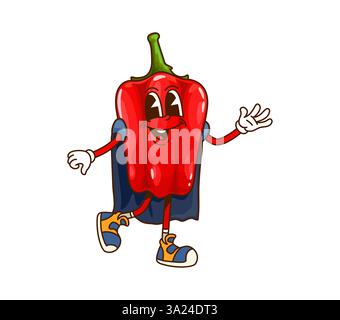 Cartoon groovige rote Glockenpfeffer Halloween Zauberer Gemüsefigur mit freundlichem Lächeln, cape und Sneakers glücklich winkend und auffällig verspielt Stock Vektor