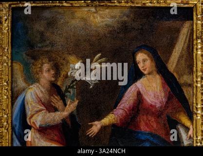 Neapel, ITALIEN - 25. 10. 2024: Gemälde (19. Jahrhundert) der Verkündigung an die Jungfrau Maria durch den Erzengel Gabriel. Stockfoto