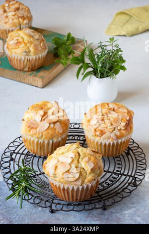Herzhafte Muffins mit Emmentaler Käse, Oliven und sonnengetrockneten Tomaten Stockfoto