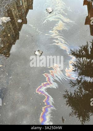 Ölweg bei Regen und Reflexion auf der Wasseroberfläche. Stockfoto