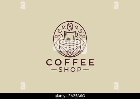 Logo eleganter Bohnen-Kaffee-Genuss in jeder Tasse mit Leaf Retro Style Line Art Schild Symbol Stock Vektor