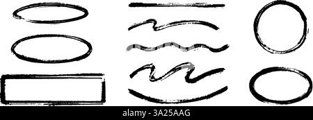Gerader und welliger Farbstrich. Sammlung von Pinselstrichen und Rahmen für Skizzen. Raue Kohlestreifen und -Formen für Hervorhebung, Unterstreichen und Hervorhebung. Vektor Hand gezeichnete strukturierte Kreideelemente Stock Vektor