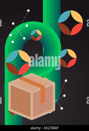 Retro 70s Hintergrund mit Karton Box. Groovy Container 1970s Kunstvorlage. Minimalistisches Poster im Vintage-Design. Altmodische Farbvorlagen. Stock Vektor