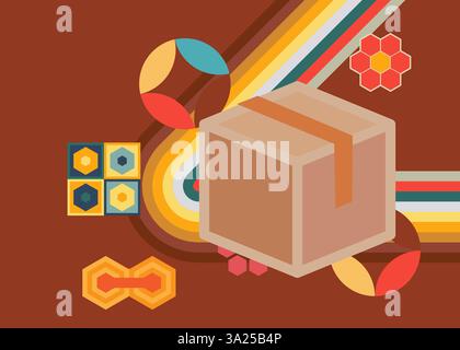 Retro 70s Hintergrund mit Karton Box. Groovy Container 1970s Kunstvorlage. Minimalistisches Poster im Vintage-Design. Altmodische Farbvorlagen. Stock Vektor
