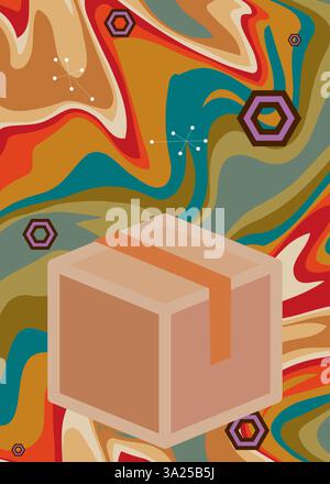 Retro 70s Hintergrund mit Karton Box. Groovy Container 1970s Kunstvorlage. Minimalistisches Poster im Vintage-Design. Altmodische Farbvorlagen. Stock Vektor