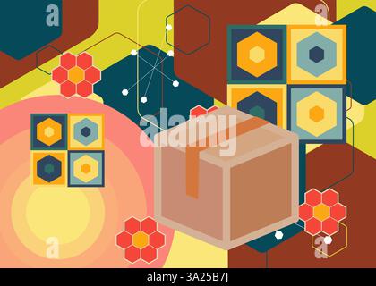 Retro 70s Hintergrund mit Karton Box. Groovy Container 1970s Kunstvorlage. Minimalistisches Poster im Vintage-Design. Altmodische Farbvorlagen. Stock Vektor