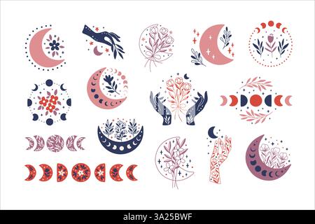 Bloral Mondphase Vektor Illustration Set Stock Vektor