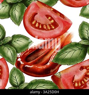 Nahtloses Aquarellmuster mit roten Tomaten, grünen Basilikumblättern und Tomatensauce auf weißem Hintergrund. Perfekt für Verpackungen, Textilien und kulinarisches Design. Stockfoto
