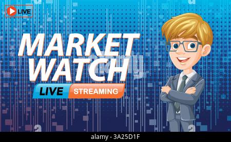 Vektor-Illustration mit einem Geschäftscharakter mit digitalem Hintergrund, ideal für Finanznachrichten und Live-Streaming-Inhalte Stock Vektor