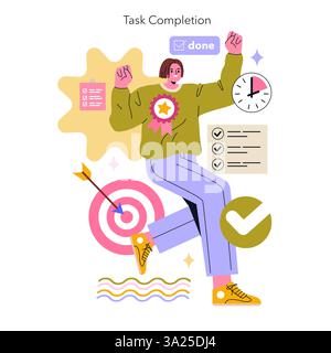 ADHS-freundlicher Kontext betont die Aufgabenerfüllung und ihre Bedeutung im täglichen Leben. Die Abbildung stellt Leistung, Organisation und Motivation durch visuelle Elemente dar, die mit der Produktivität in Zusammenhang stehen. Vektorabbildung. Stock Vektor