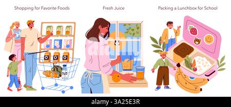 Illustration zum Familienfrühstück. Spannende Szenen, in denen Sie nach Lieblingsspeisen einkaufen, frischen Saft zubereiten und eine Lunchbox für die Schule packen. Familienmomente und gesunde Entscheidungen feiern. Vektorabbildung. Stock Vektor