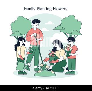 Die Familie pflanzt im Frühjahr gemeinsam Blumen. Die Szene zeigt Freude und Teamarbeit bei der Pflanzenpflege, wobei die Verbundenheit mit der Natur und die Bedeutung von Familienaktivitäten deutlich wird. Vektorabbildung. Stock Vektor