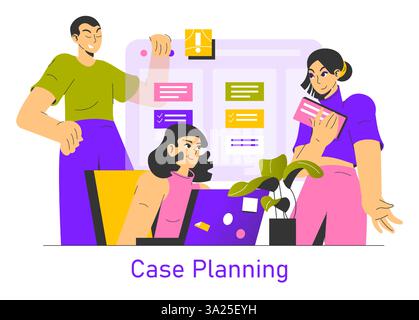Case Planning-Konzept. Die Planung umfasst die Zusammenarbeit zwischen Teammitgliedern, um Aufgaben effektiv zu planen und zu organisieren. Es steigert die Produktivität und sorgt für eine klare Kommunikation für erfolgreiche Ergebnisse. Vektorabbildung. Stock Vektor