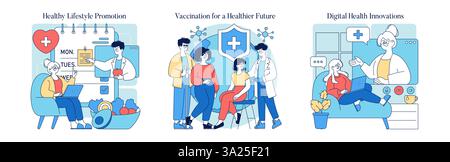 Der Weltgesundheitstag feiert die Förderung eines gesunden Lebensstils, Impfungen für eine gesündere Zukunft und Innovationen im Bereich der digitalen Gesundheit. Diese Themen unterstreichen die Bedeutung von Wellness und Technologie im Gesundheitswesen. Vektorabbildung. Stock Vektor