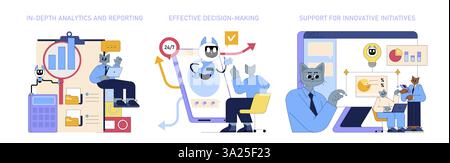 KI im globalen Unternehmensmanagement verbessert Analysen und Reporting, fördert effektive Entscheidungsfindung und unterstützt innovative Initiativen. Sie optimiert Prozesse und steigert die Gesamteffizienz in Unternehmen. Stock Vektor