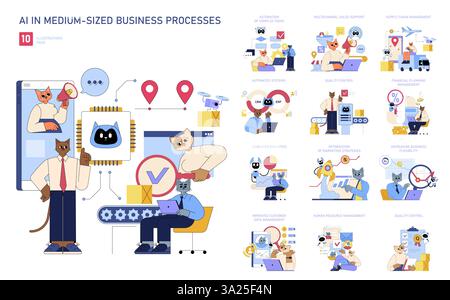 KI-Integration in mittelständischen Unternehmen steigert die Effizienz durch Automatisierung, Analyse und Management. Sie verbessert den Vertriebssupport, die Aufgaben der Lieferkette und die allgemeine Geschäftsflexibilität und fördert so das Wachstum. Stock Vektor