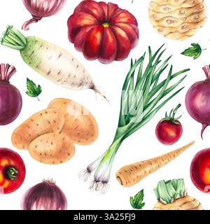 Aquarellmuster mit Gemüsemuster. Handgezeichnetes Gemüse auf Hintergrund. Nahtloses Aquarellmuster mit Gemüse für Lebensmitteldesign, Textil, Stoff, Menü, Stockfoto